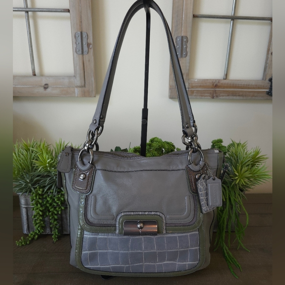 Coach Kristen Spectator Hobo Gray Leather With Croc Embossed Front